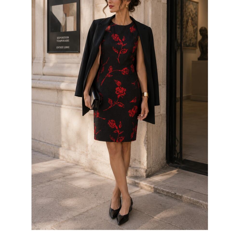 Liz Claiborne Vintage 100% Silk Black Red Rose Floral Sheath Dress size M